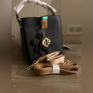 Black and Brown Textured Handbag with Gold Accents